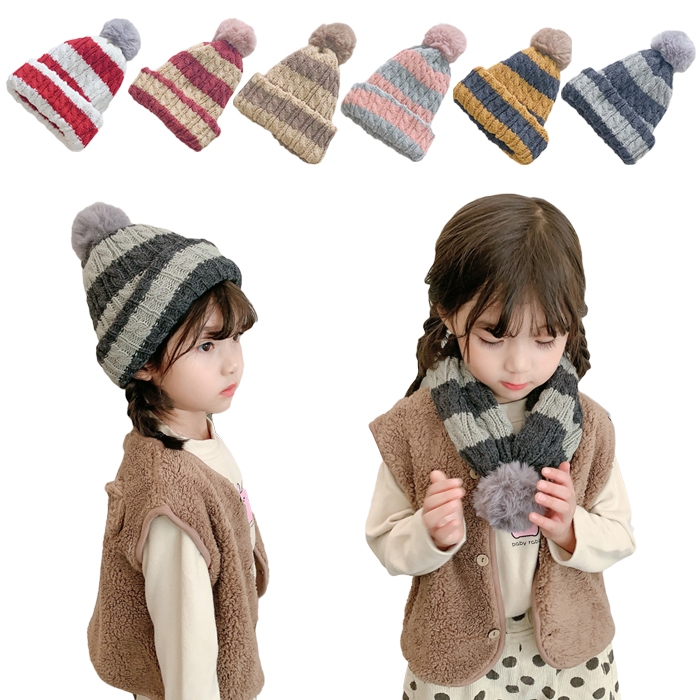 [키즈트리] 유아동 학생 겨울 방한 투톤 방울 목도리 모자 DM-117 (업체별도 무료배송)