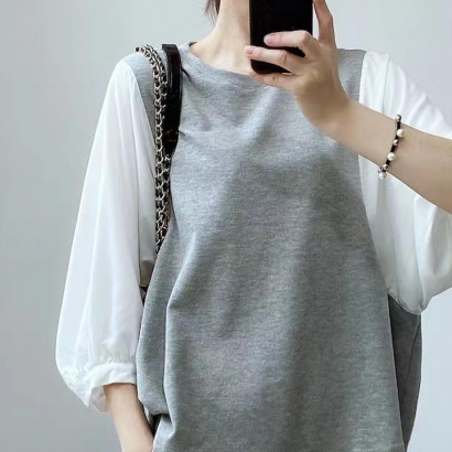 여자 라운드넥 루즈핏 배색 반팔 티셔츠 여름 반팔티 (업체별도 무료배송)